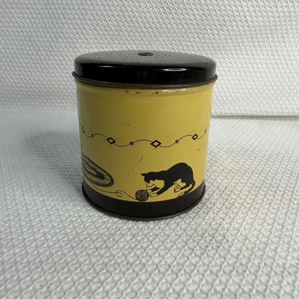 Vintage Silhouette Knitting Yarn Tin Yellow Black Mid Century Cat Rocking Chair